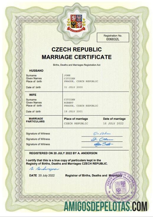 Em branco modelo Word e PDF de certidão de casamento na República Tcheca